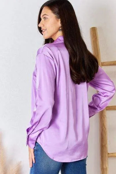 Zenana Satin Button Down Long Sleeve Shirt Blouses - Tophatter Daily Deals