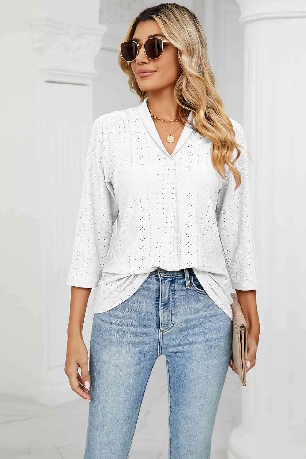 Eyelet Three-Quarter Sleeve Blouse Blouses - Tophatter Daily Deals