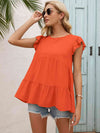 Round Neck Flutter Sleeve Tiered Blouse Blouses - Tophatter Daily Deals