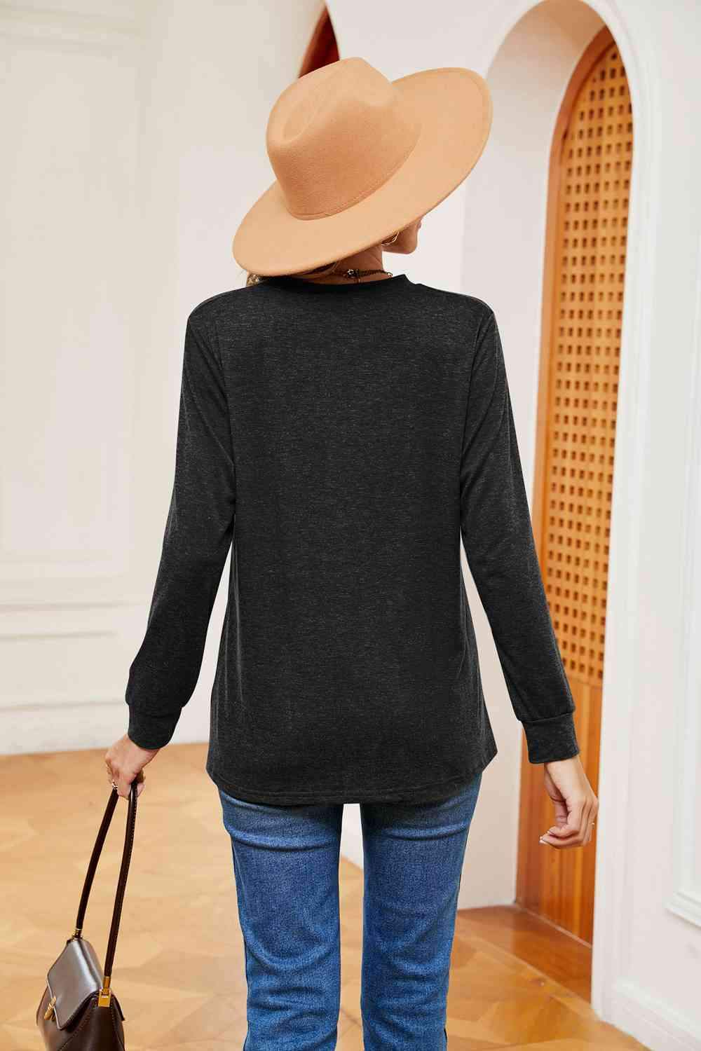 Buttoned Notched Neck Long Sleeve Top Blouses - Tophatter Daily Deals