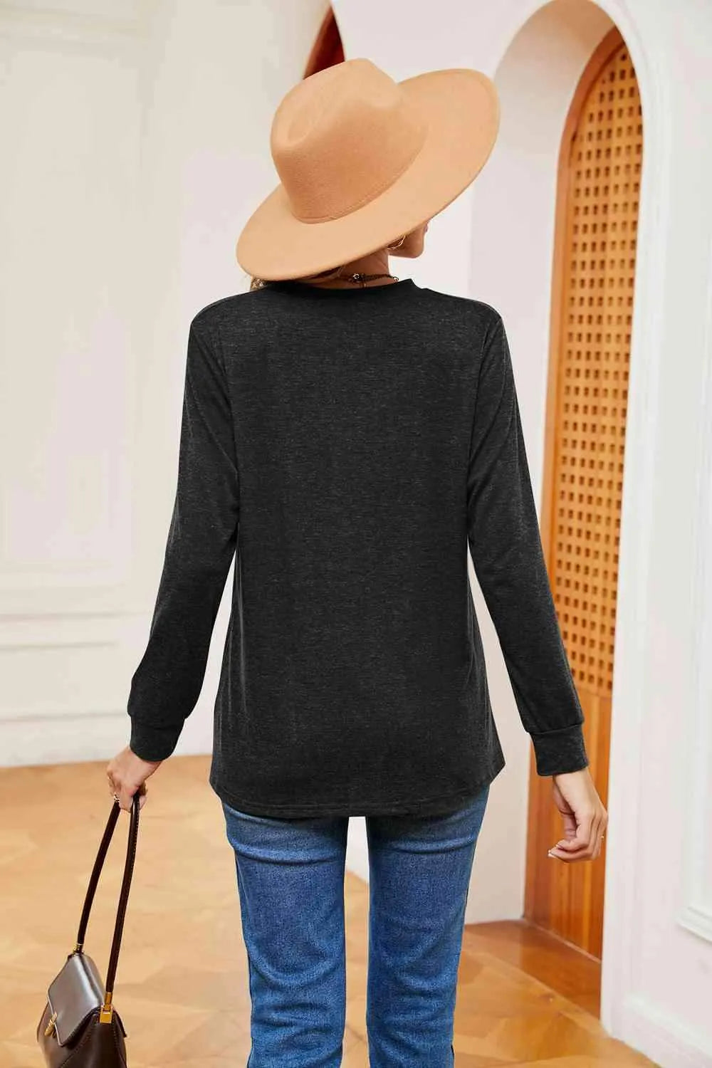 Buttoned Notched Neck Long Sleeve Top Blouses - Tophatter Daily Deals