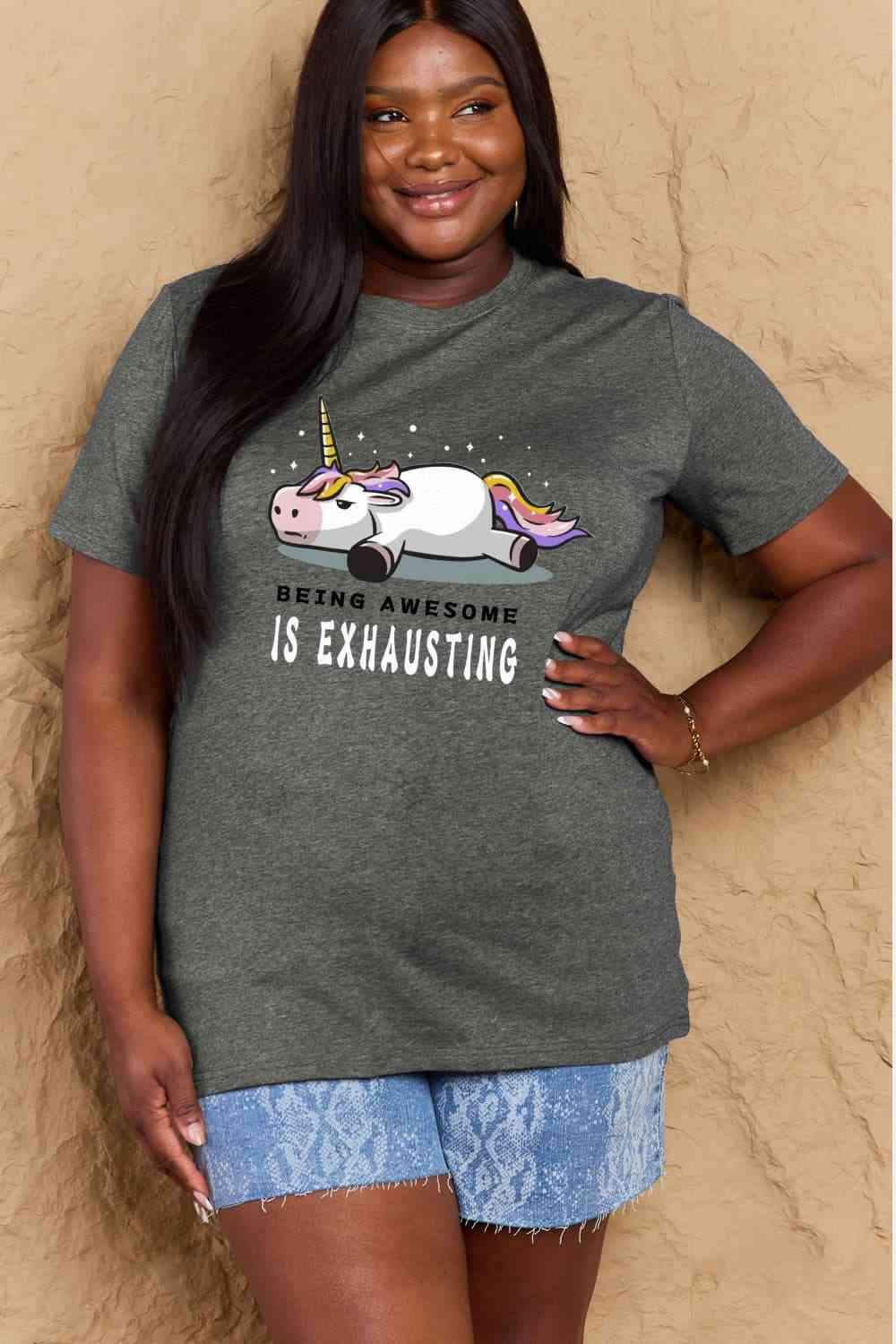 Simply Love Full Size BEING AWESOME IS EXHAUSTING Graphic Cotton Tee Women's T-Shirts - Tophatter Daily Deals