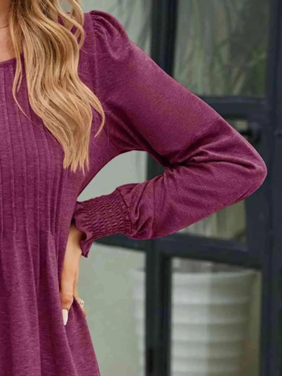 Smocked Round Neck Lantern Sleeve Blouse Blouses - Tophatter Daily Deals