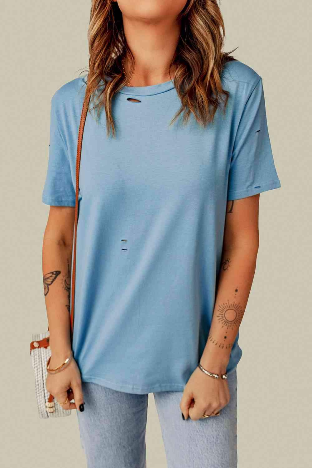 Distressed Round Neck Tee Sky Blue Women's T-Shirts - Tophatter Daily Deals