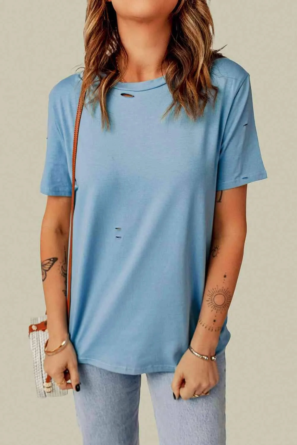 Distressed Round Neck Tee Sky Blue Women's T-Shirts - Tophatter Daily Deals