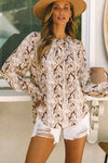 Printed Round Neck Long Sleeve Blouse Taupe Blouses - Tophatter Daily Deals