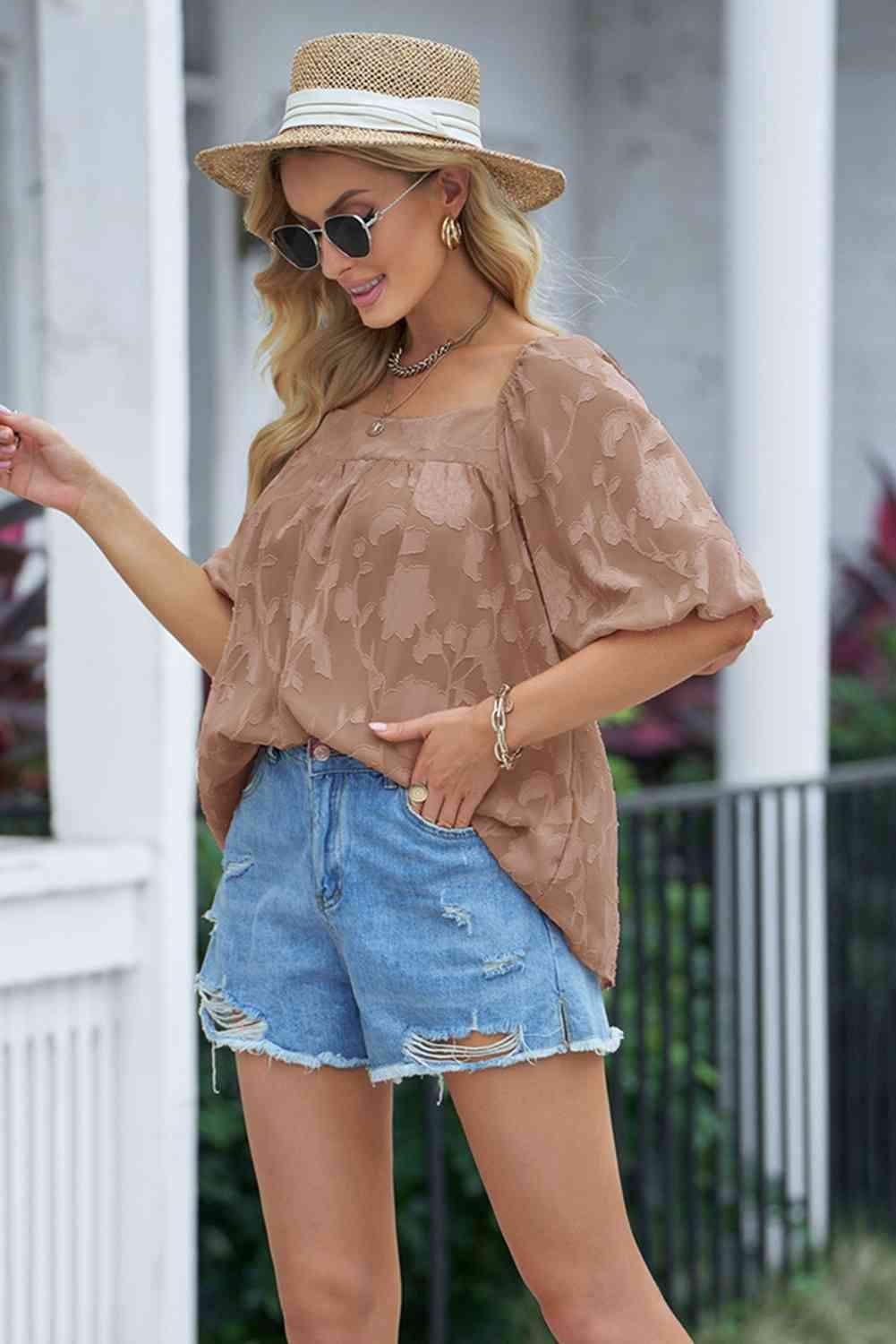 Applique Puff Sleeve Square Neck Blouse Blouses - Tophatter Daily Deals