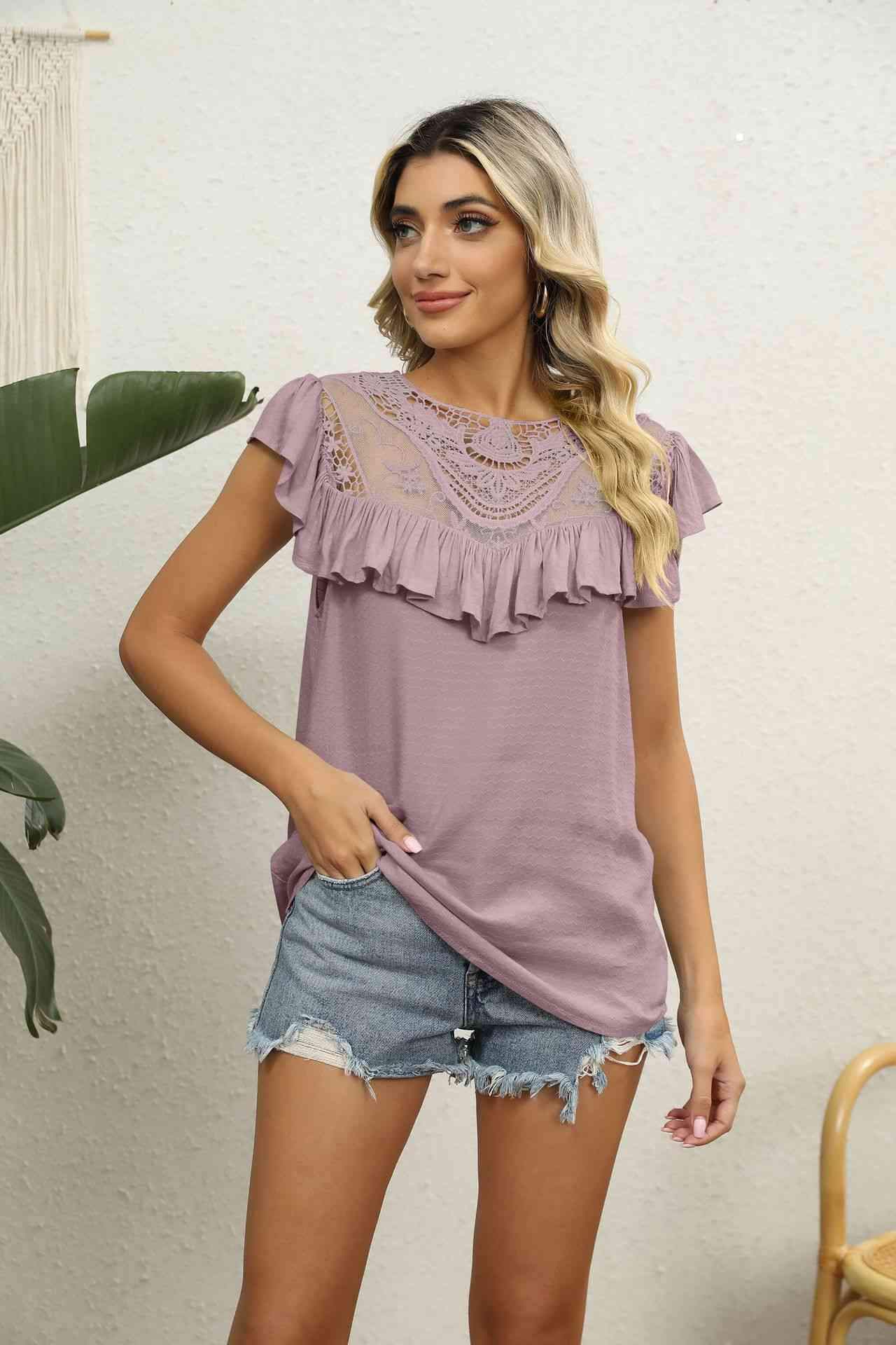 Spliced Lace Ruffled Blouse Blouses - Tophatter Daily Deals