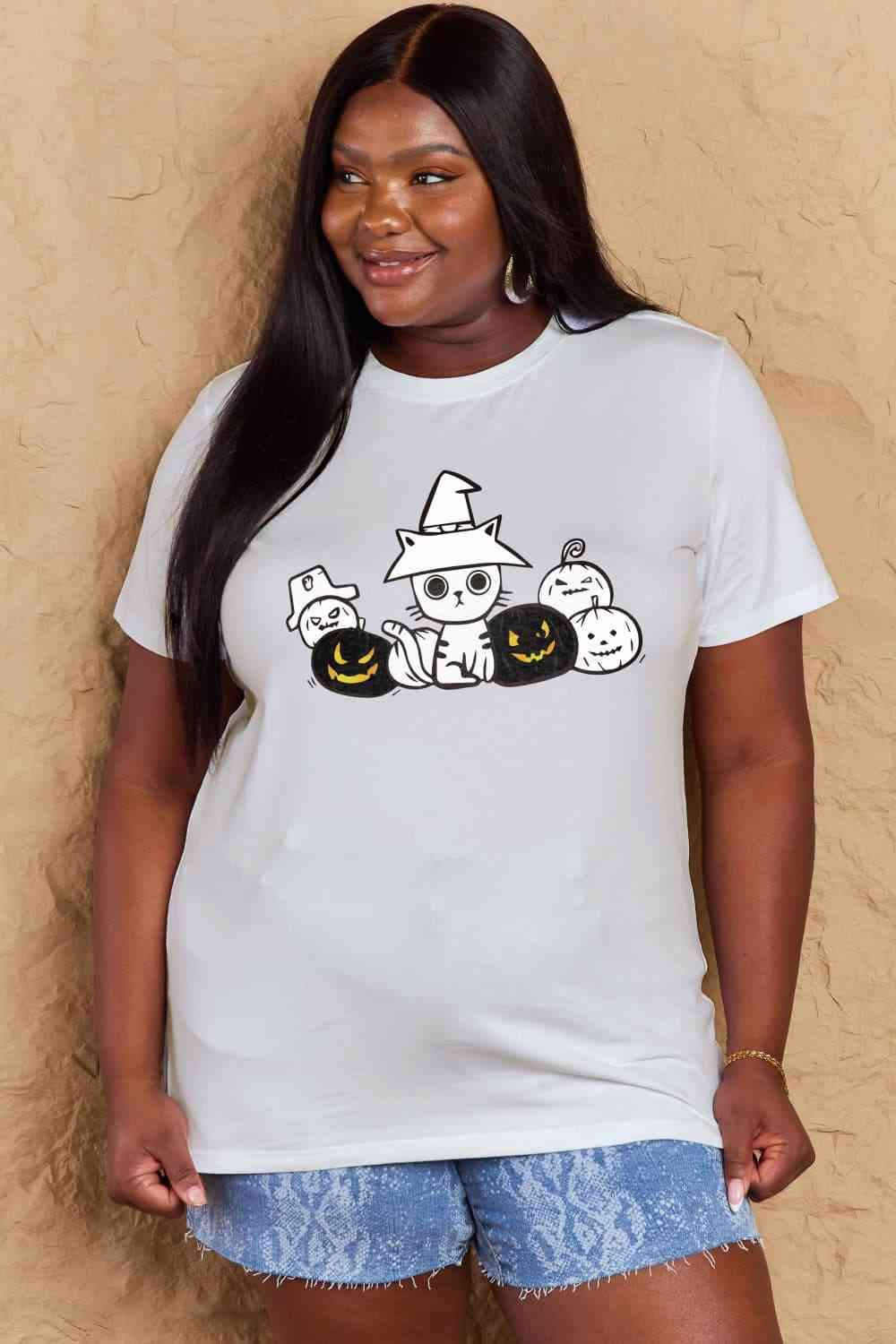 Simply Love Full Size Cat & Pumpkin Graphic Cotton T-Shirt Women's T-Shirts - Tophatter Daily Deals