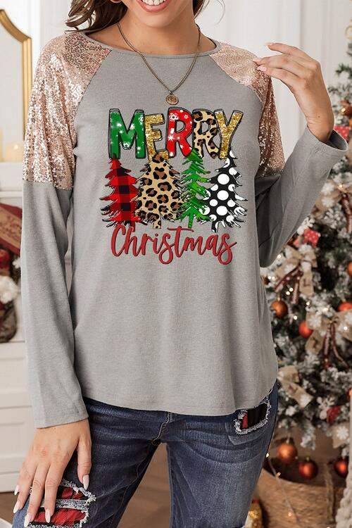 MERRY CHRISTMAS Sequin Round Neck Blouse Blouses - Tophatter Daily Deals