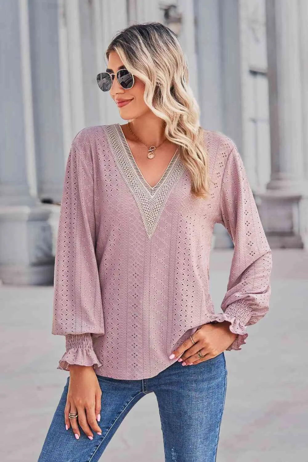 Contrast V-Neck Flounce Sleeve Top Blouses - Tophatter Daily Deals