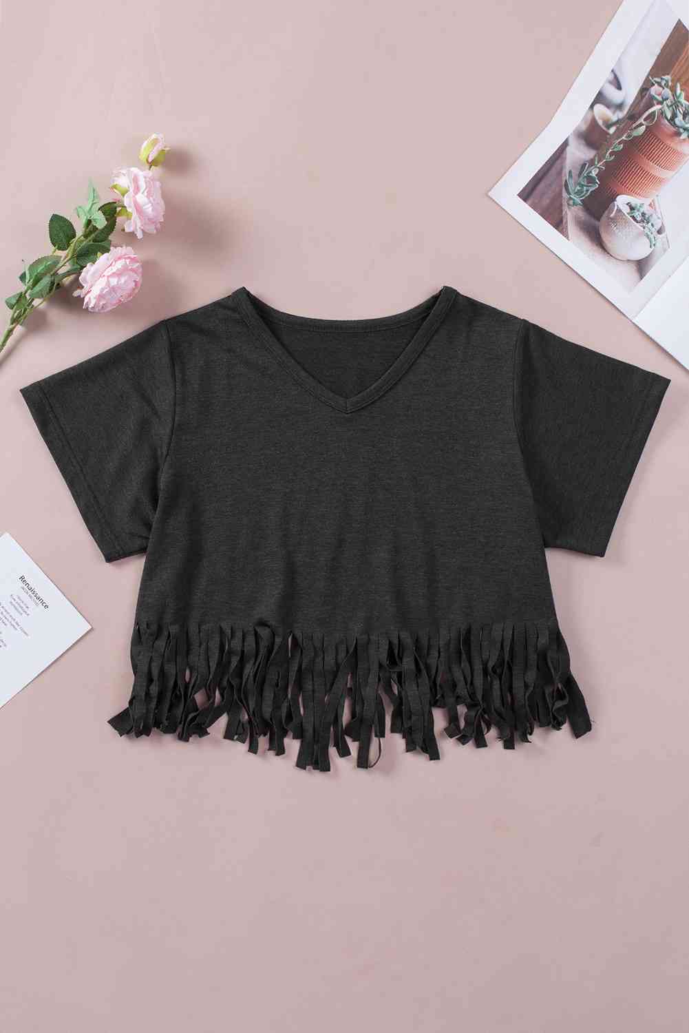 V-Neck Fringe Hem T-Shirt Women's T-Shirts - Tophatter Daily Deals