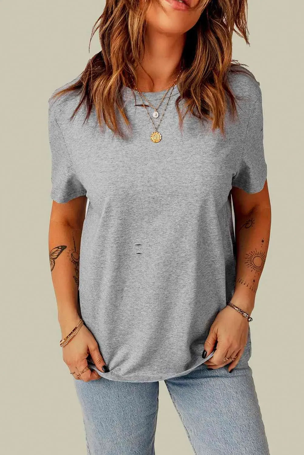 Distressed Round Neck Tee Gray Dawn Women's T-Shirts - Tophatter Daily Deals