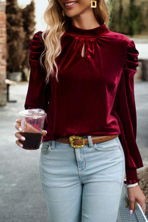 Tie Up Mock Neck Velvet Fabric Long Sleeve Blouse Blouses - Tophatter Daily Deals