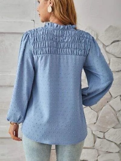 Ruched Swiss Dot Notched Balloon Sleeve T-Shirt Women's T-Shirts - Tophatter Daily Deals