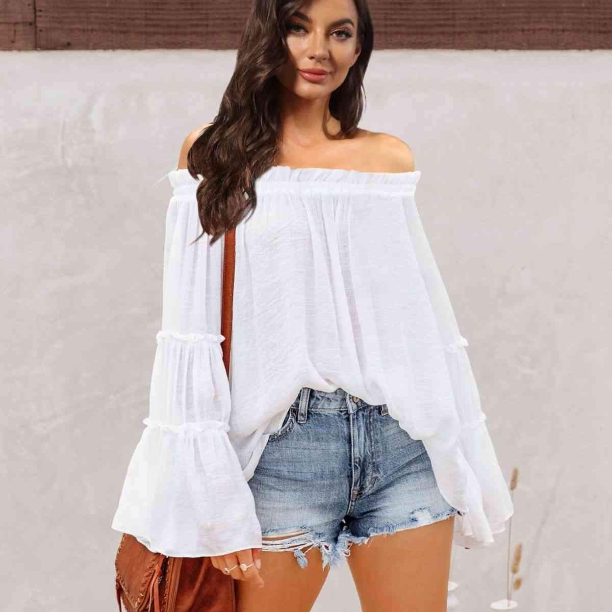 Off-Shoulder Frill Trim Blouse White Blouses - Tophatter Daily Deals