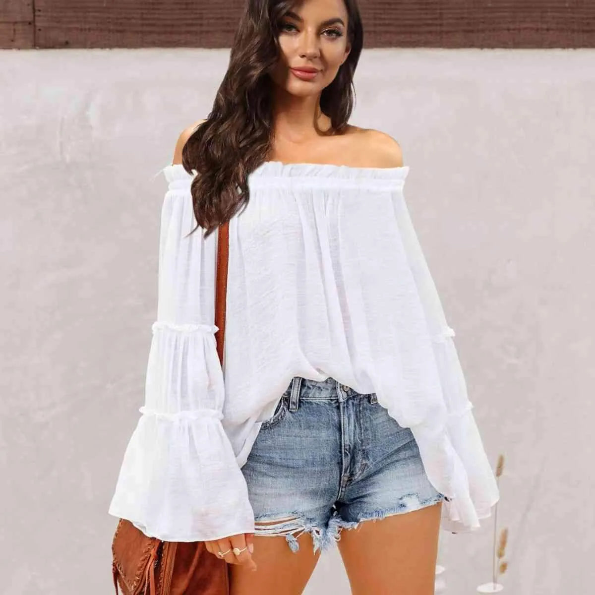 Off-Shoulder Frill Trim Blouse White Blouses - Tophatter Daily Deals