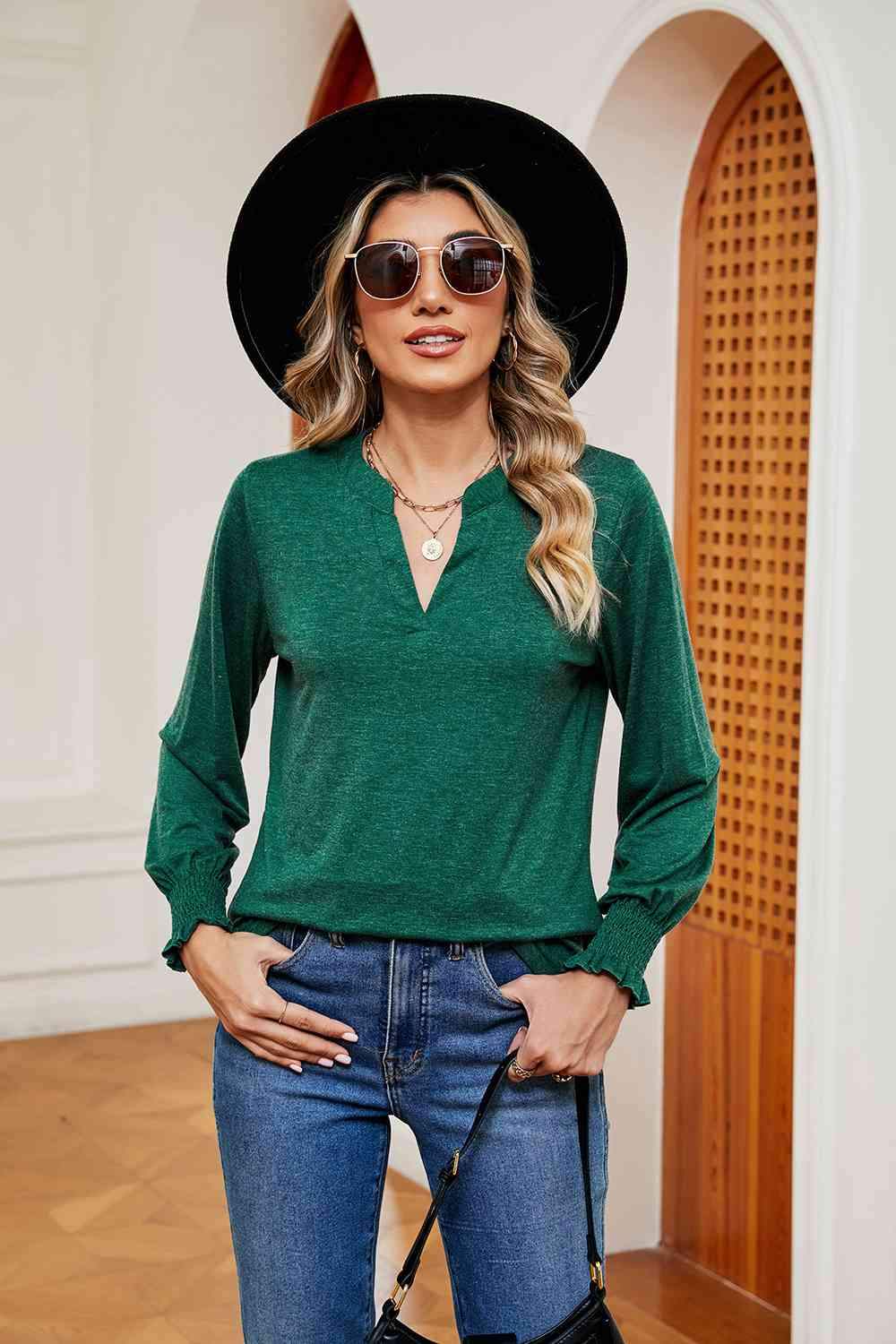 Notched Neck Long Sleeve Blouse Blouses - Tophatter Daily Deals