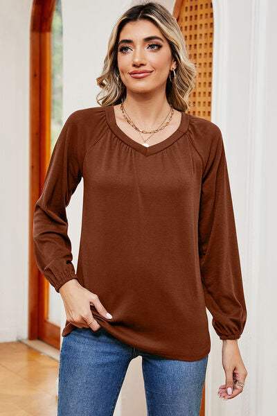 Ruched V-Neck Raglan Sleeve T-Shirt Chestnut Women's T-Shirts - Tophatter Daily Deals