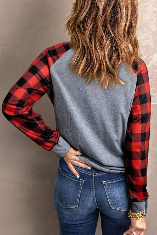 Plaid Round Neck Long Sleeve T-Shirt Women's T-Shirts - Tophatter Daily Deals