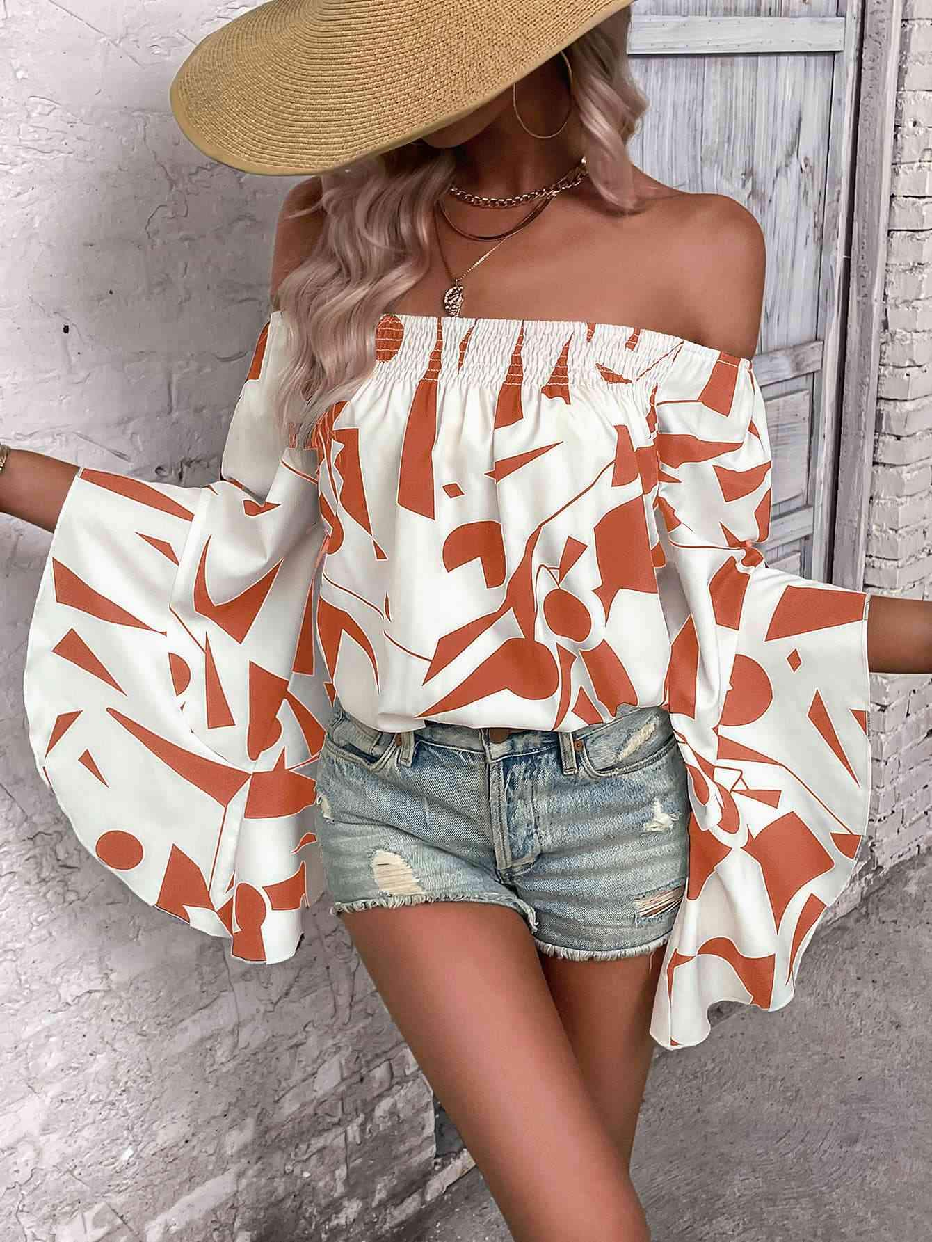 Printed Off-Shoulder Bell Sleeve Blouse Red Orange Blouses - Tophatter Daily Deals