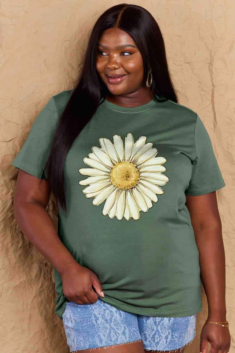 Simply Love Full Size FLOWER Graphic Cotton Tee Green Women's T-Shirts - Tophatter Daily Deals