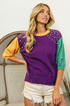 BiBi Color Block Pearl Detail Round Neck Sweater Blouses - Tophatter Daily Deals