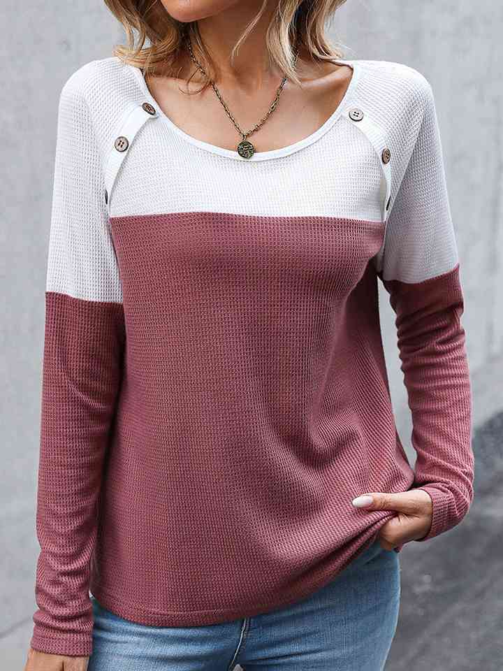 Two-Tone Buttoned Waffle-Knit Top Women's T-Shirts - Tophatter Daily Deals