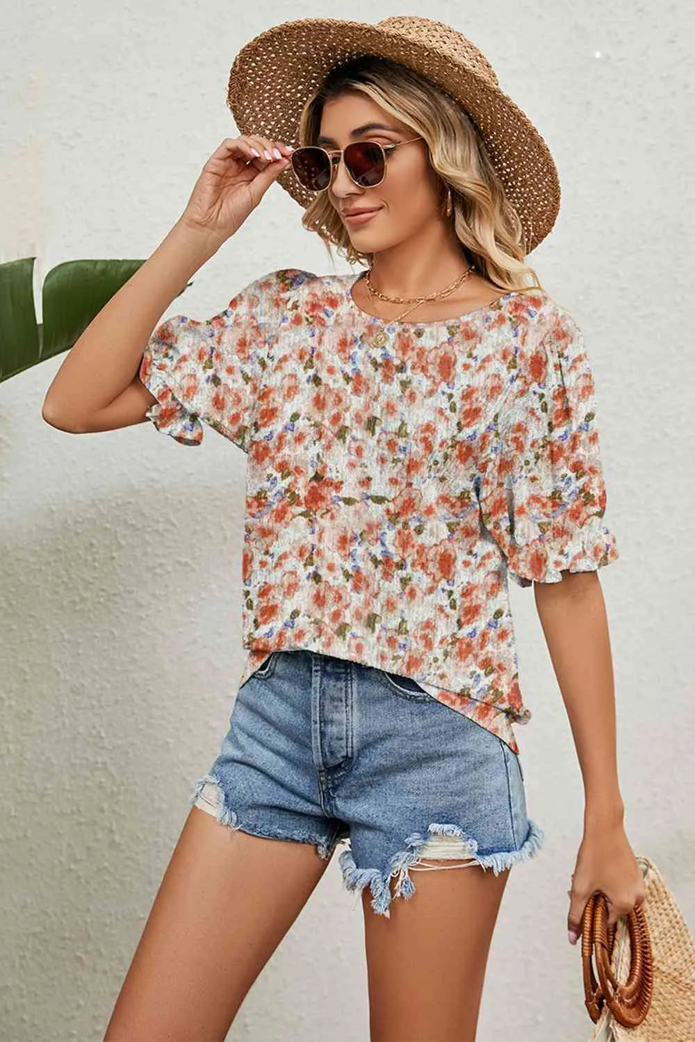 Round Neck Flounce Sleeve Blouse Multicolor Blouses - Tophatter Daily Deals