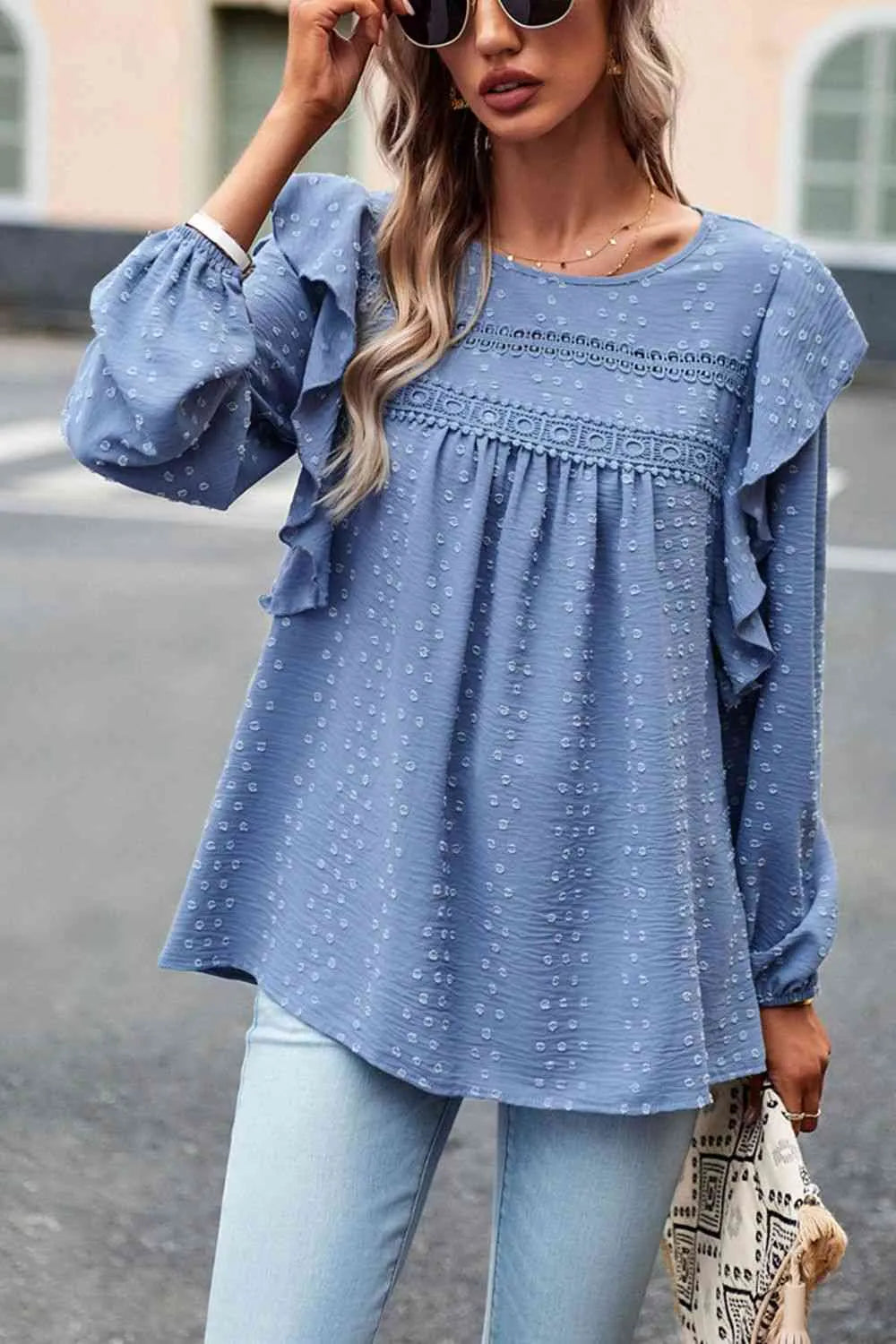 Ruffle Trim Balloon Sleeve Blouse Blouses - Tophatter Daily Deals