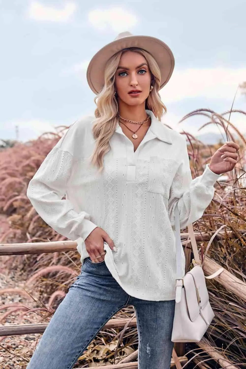 Johnny Collar Long Sleeve Blouse White Blouses - Tophatter Daily Deals