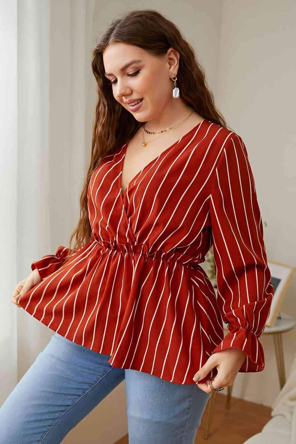 Melo Apparel Plus Size V-Neck Frill Trim Blouse Blouses - Tophatter Daily Deals