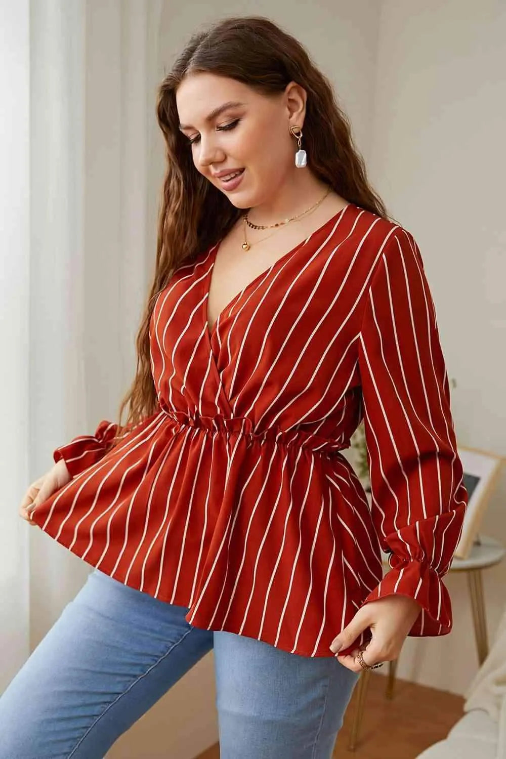 Melo Apparel Plus Size V-Neck Frill Trim Blouse Blouses - Tophatter Daily Deals