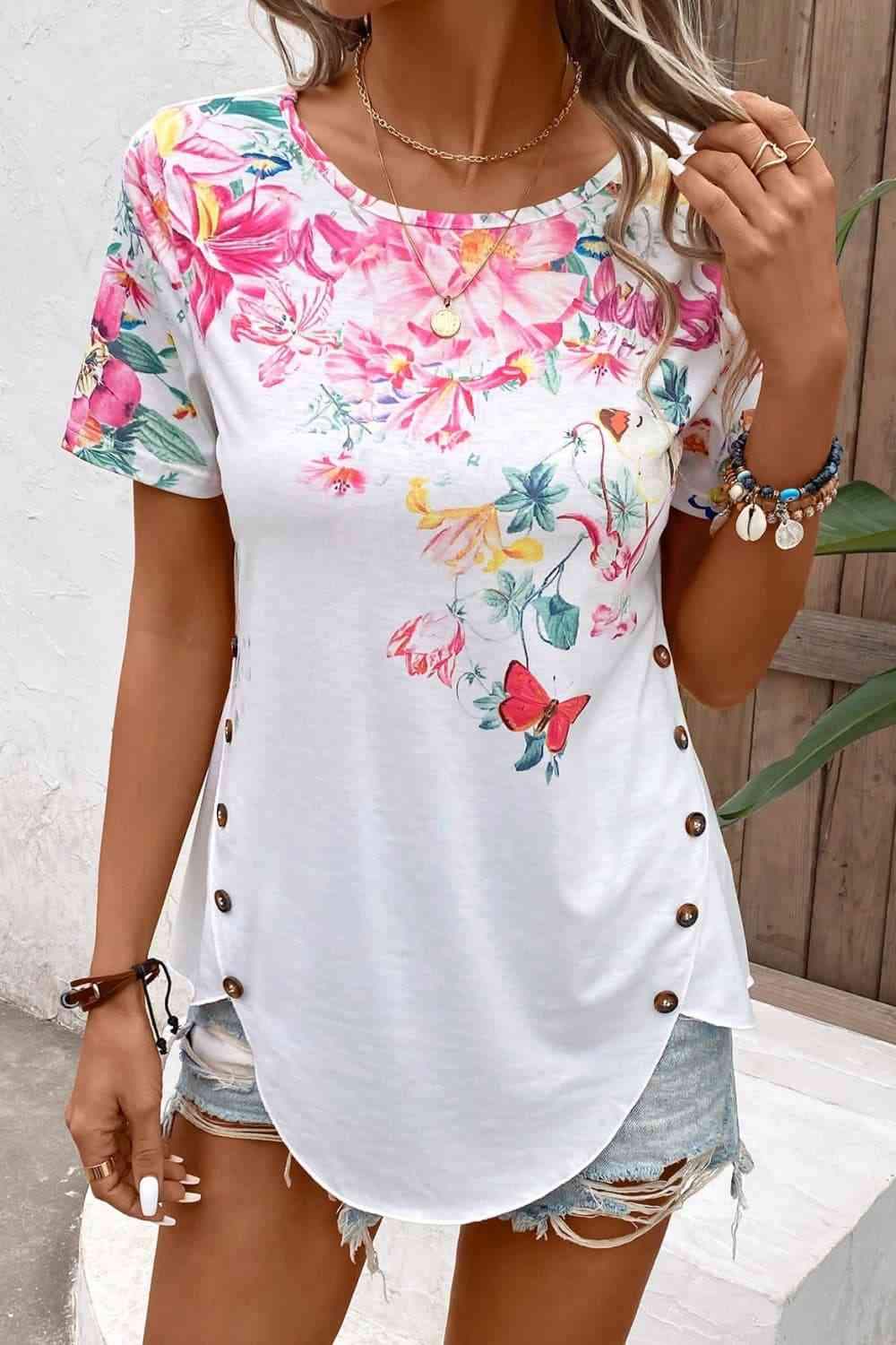 Floral Round Neck Buttoned Hem Detail Top Blouses - Tophatter Daily Deals