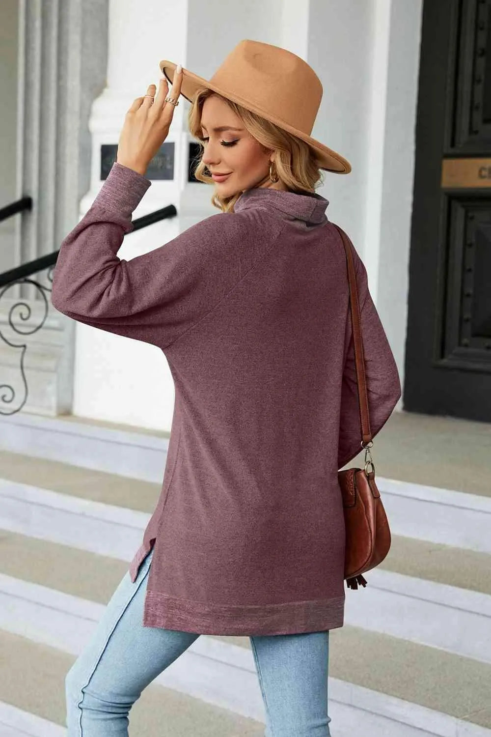 Turtle Neck Long Sleeve Slit Blouse Blouses - Tophatter Daily Deals