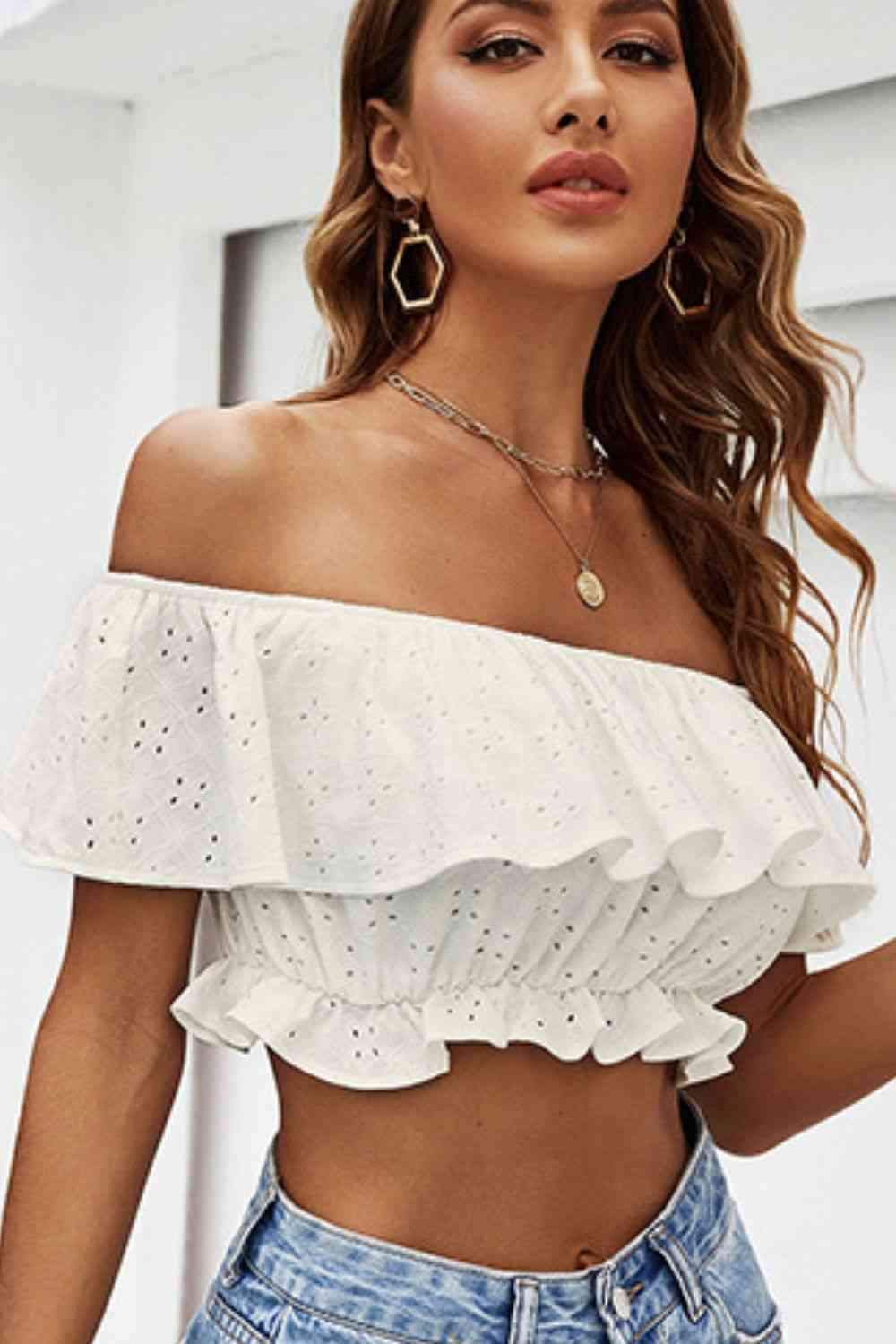 Eyelet Layered Off-Shoulder Cropped Blouse Blouses - Tophatter Daily Deals