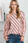 Striped Asymmetrical Long Sleeve Blouse Dusty Pink Blouses - Tophatter Daily Deals