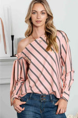 Striped Asymmetrical Long Sleeve Blouse Dusty Pink Blouses - Tophatter Daily Deals