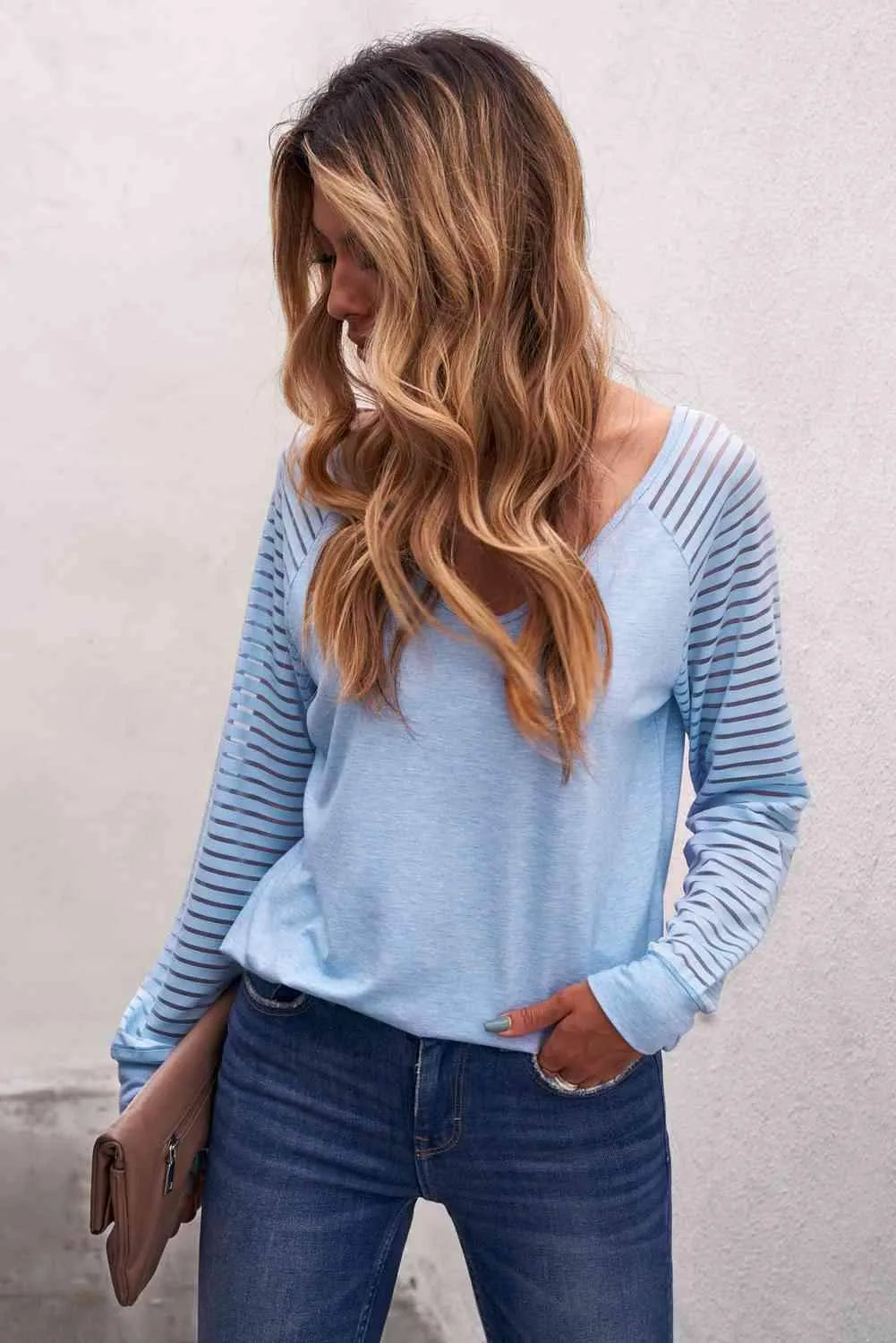 Sheer Striped V-Neck Top Blouses - Tophatter Daily Deals