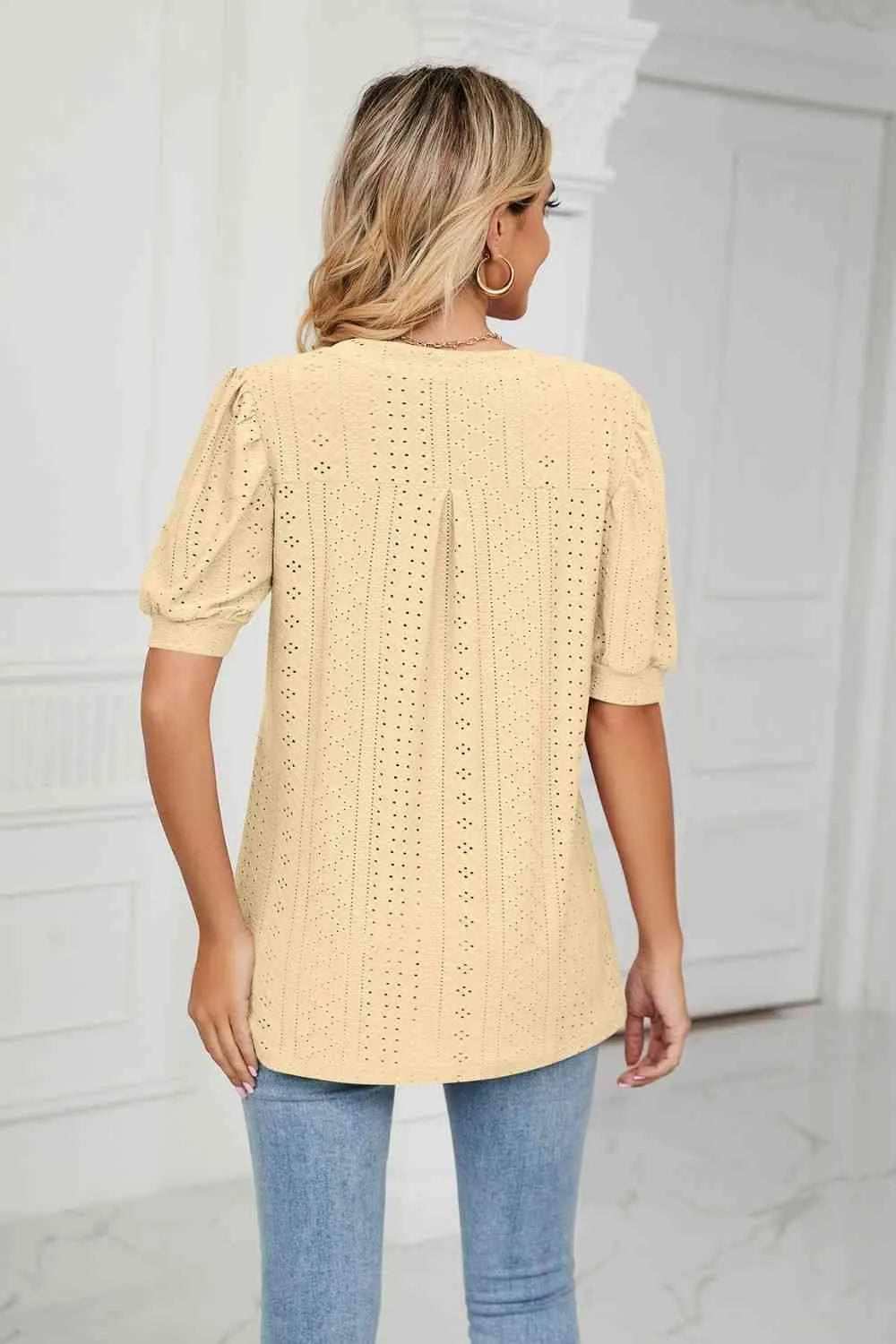 Eyelet Short Puff Sleeve Notched Neck Top Blouses - Tophatter Daily Deals