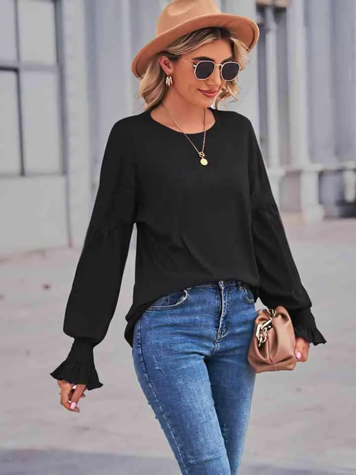 Round Neck Flounce Sleeve Blouse Black Blouses - Tophatter Daily Deals