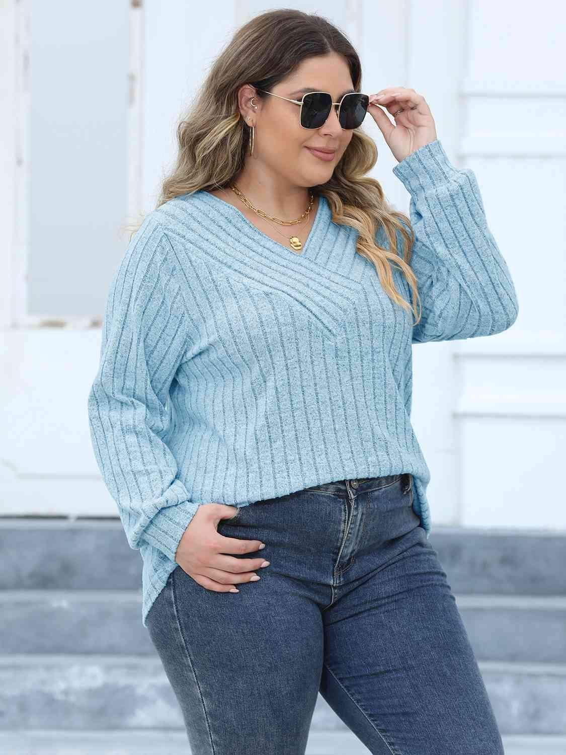 Plus Size Ribbed V-Neck Long Sleeve Top Women's T-Shirts - Tophatter Daily Deals