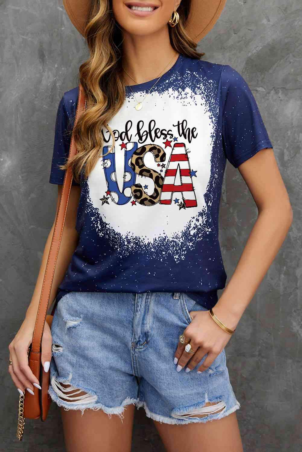 GOD BLESS THE USA Printed Tee Shirt Navy Women's T-Shirts - Tophatter Daily Deals