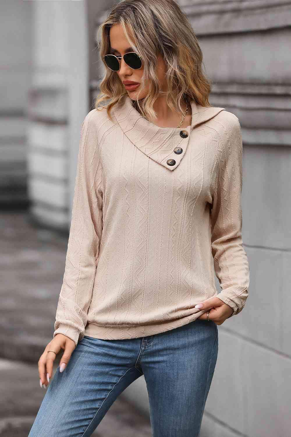 Decorative Button Long Sleeve Top Blouses - Tophatter Daily Deals