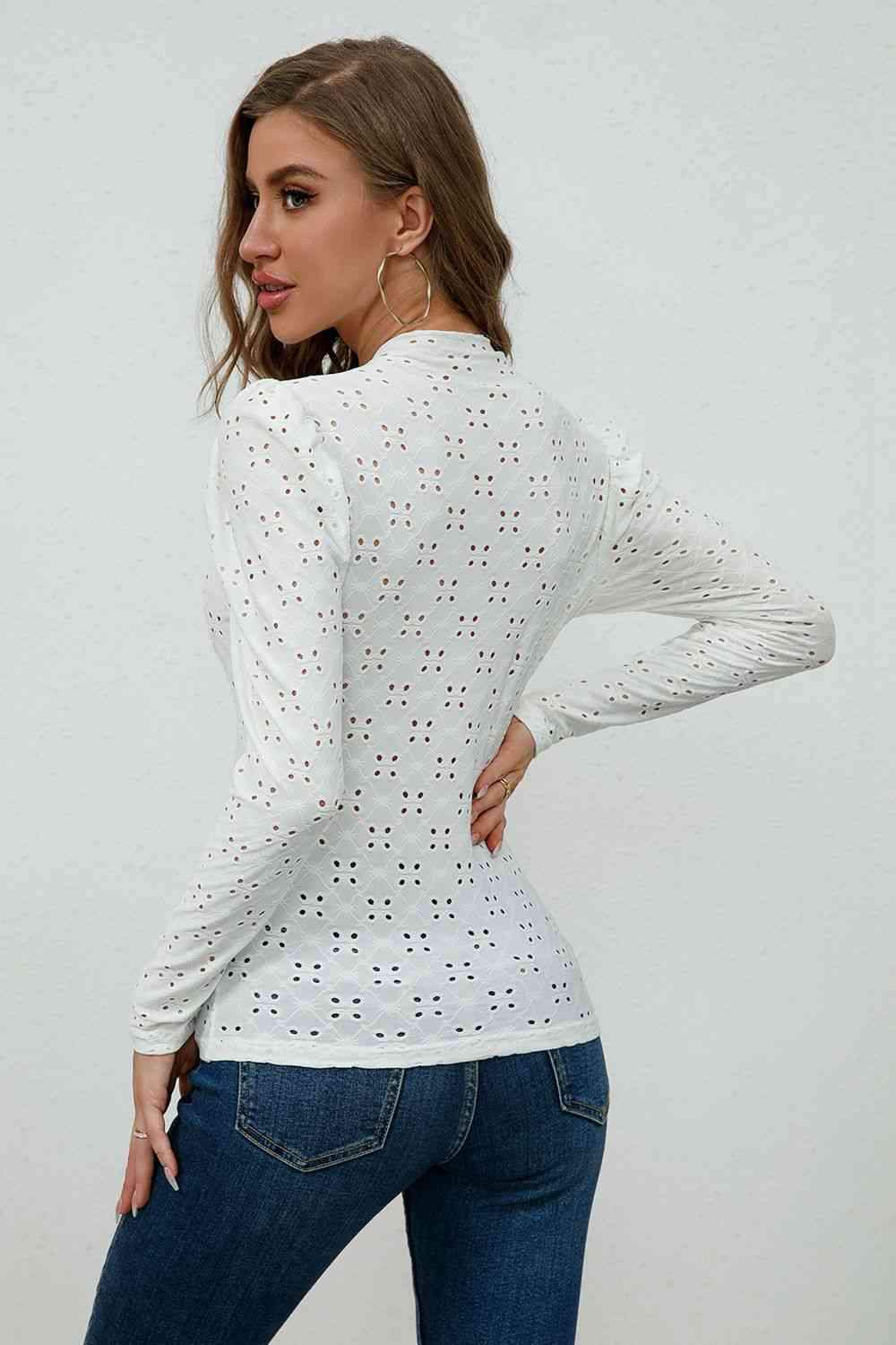 Round Neck Eyelet Long Sleeve Blouse Blouses - Tophatter Daily Deals