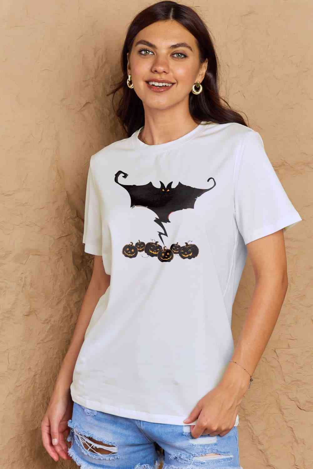 Simply Love Full Size Bat & Pumpkin Graphic Cotton T-Shirt Bleach Women's T-Shirts - Tophatter Daily Deals