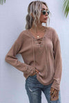 Lace-Up V-Neck Ribbed Top Blouses - Tophatter Daily Deals