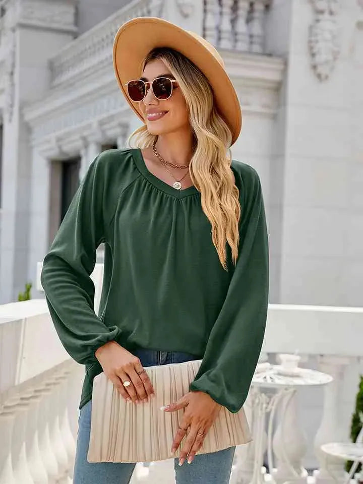 V-Neck Long Sleeve Blouse Blouses - Tophatter Daily Deals