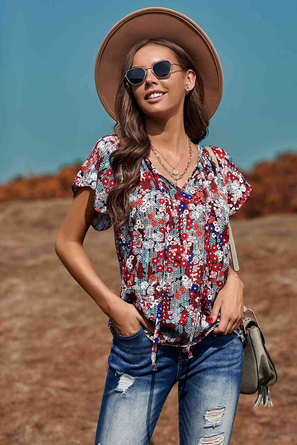 Floral Flutter Sleeve Tie-Neck Blouse Blouses - Tophatter Daily Deals