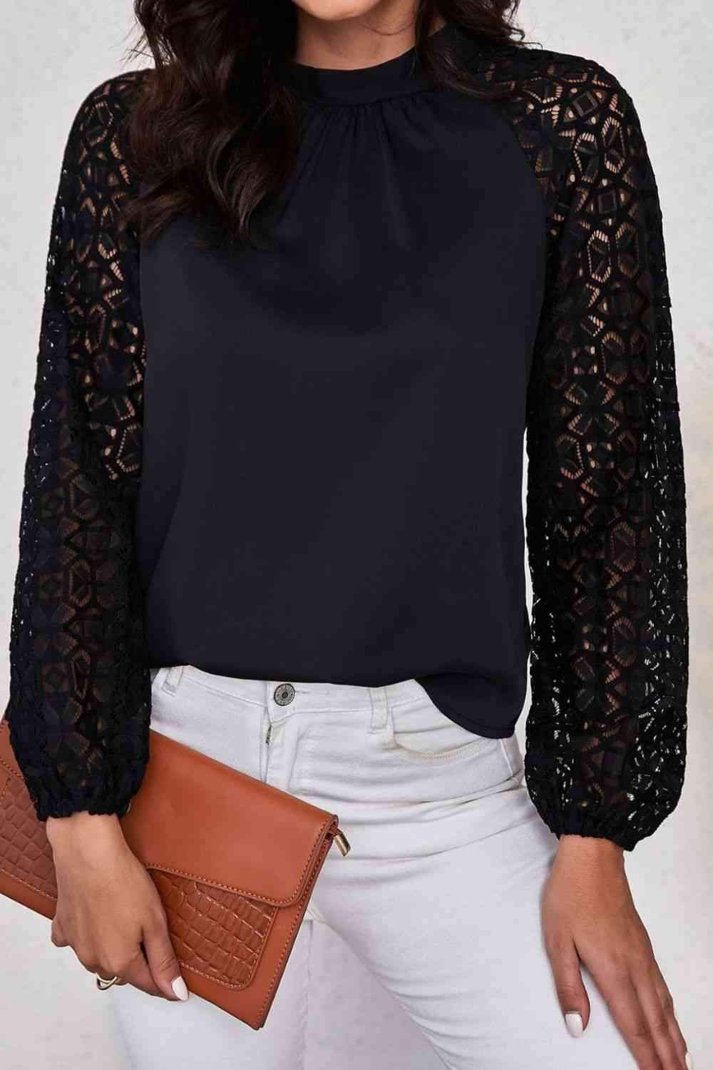 Lace Raglan Sleeve Gathered Detail Blouse Blouses - Tophatter Daily Deals